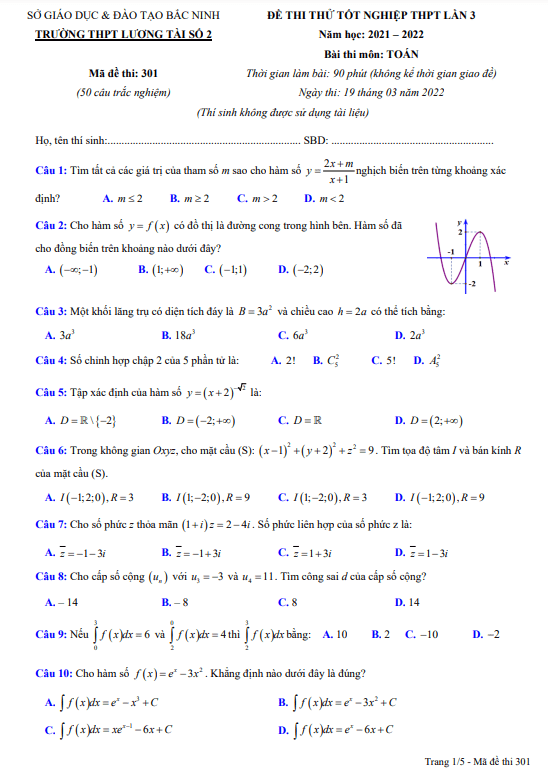 đề thi thử toán tốt nghiệp thpt 2022 lần 3 trường thpt lương tài 2 – bắc ninh