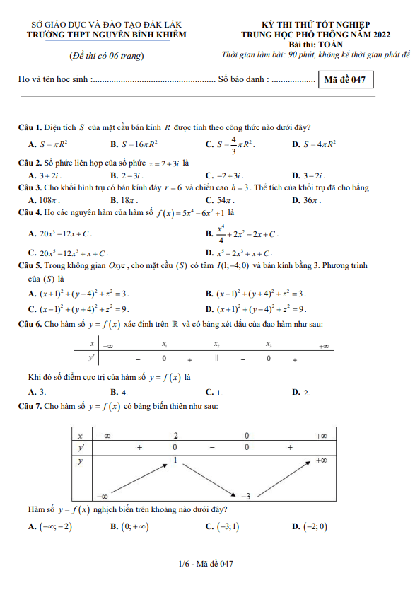đề thi thử toán tốt nghiệp thpt 2022 trường nguyễn bỉnh khiêm – đắk lắk
