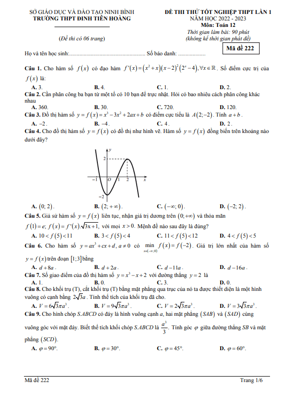 đề thi thử toán tốt nghiệp thpt 2023 lần 1 trường đinh tiên hoàng – ninh bình