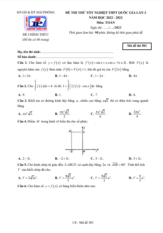 đề thi thử toán tốt nghiệp thpt 2023 lần 3 trường chuyên trần phú – hải phòng