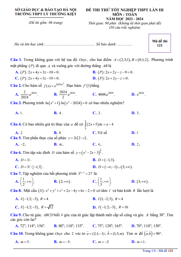 đề thi thử toán tốt nghiệp thpt 2024 lần 3 trường thpt lý thường kiệt – hà nội