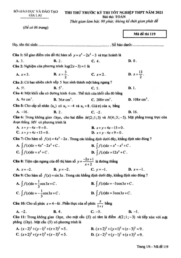 đề thi thử toán trước kỳ thi tốt nghiệp thpt 2021 sở gd&đt gia lai