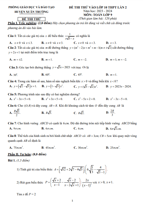 đề thi thử toán vào 10 lần 2 năm 2023 – 2024 phòng gd&đt xuân trường – nam định