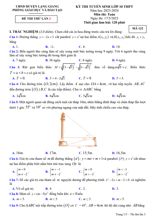 đề thi thử toán vào 10 lần 3 năm 2023 – 2024 phòng gd&đt lạng giang – bắc giang
