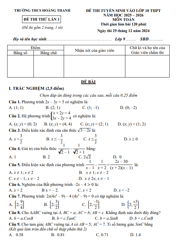đề thi thử toán vào lớp 10 lần 1 năm 2025 – 2026 thcs hoằng thanh – thanh hóa