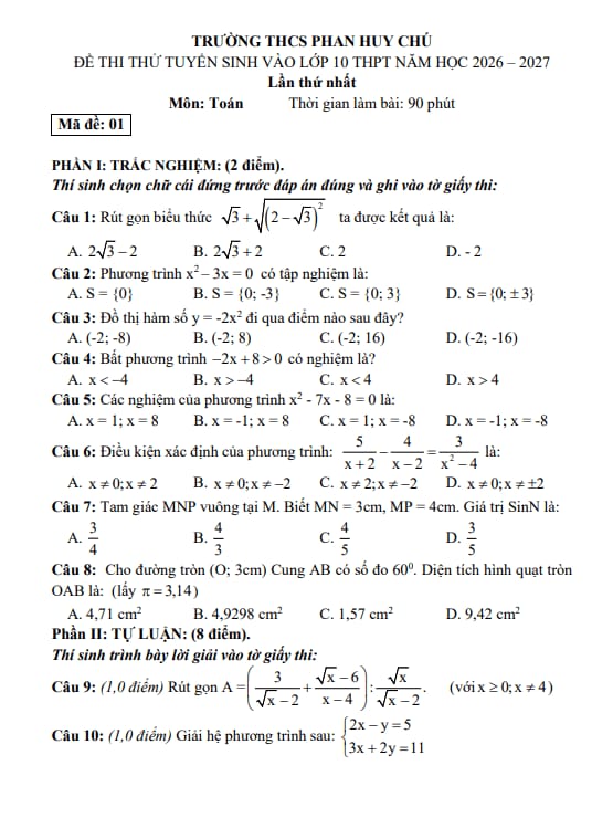 đề thi thử toán vào lớp 10 lần 1 năm 2026 – 2027 trường thcs phan huy chú – hà tĩnh