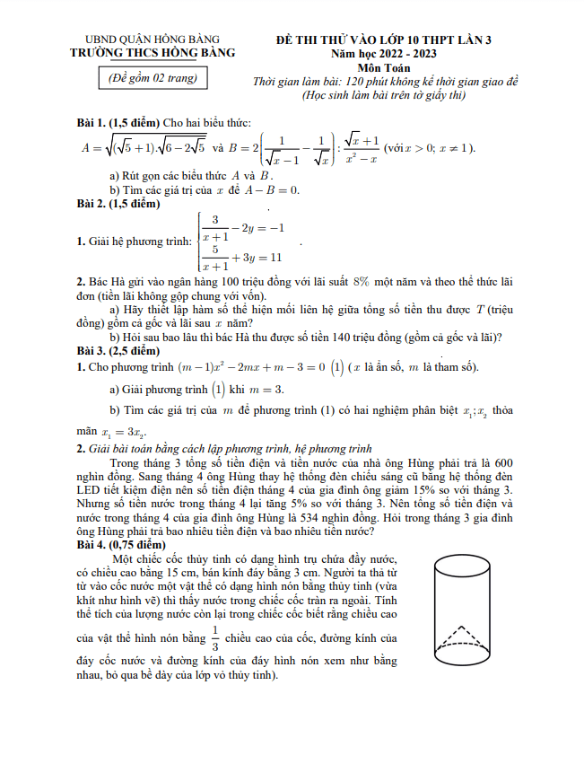 đề thi thử toán vào lớp 10 lần 3 năm 2023 trường thcs hồng bàng – hải phòng