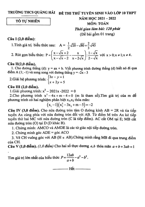 đề thi thử toán vào lớp 10 năm 2021 – 2022 trường thcs quảng hải – quảng bình