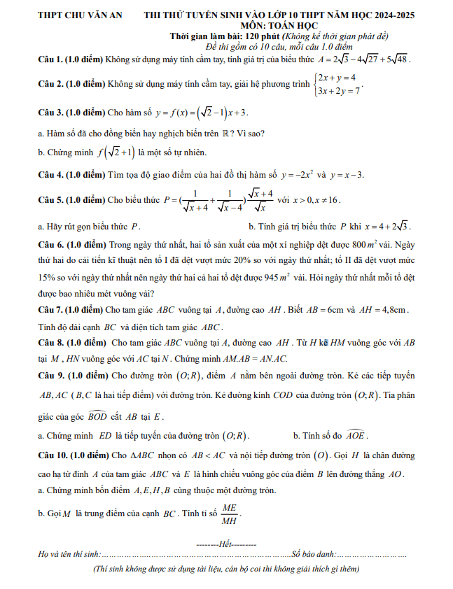 đề thi thử toán vào lớp 10 năm 2024 – 2025 trường thpt chu văn an – thái nguyên