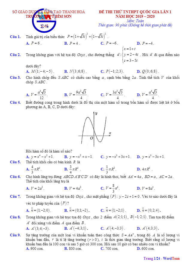 đề thi thử tốt nghiệp thpt 2020 lần 1 môn toán trường thpt bỉm sơn – thanh hóa