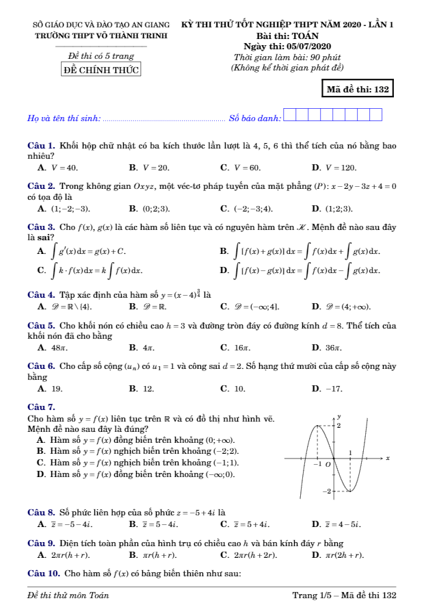 đề thi thử tốt nghiệp thpt 2020 lần 1 môn toán trường thpt võ thành trinh – an giang