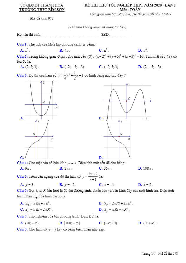 đề thi thử tốt nghiệp thpt 2020 lần 2 môn toán trường thpt bỉm sơn – thanh hóa