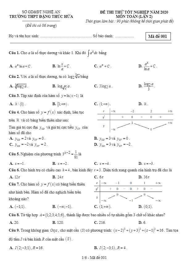 đề thi thử tốt nghiệp thpt 2020 lần 2 môn toán trường thpt đặng thúc hứa – nghệ an