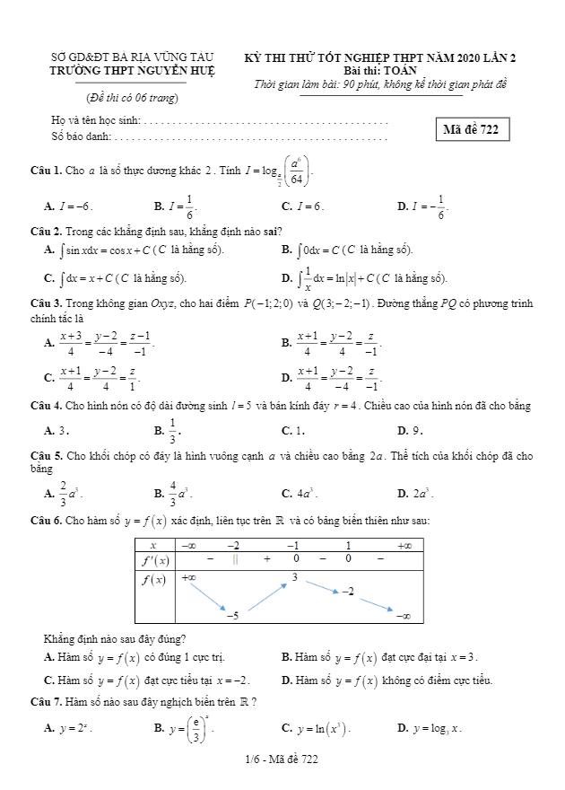 đề thi thử tốt nghiệp thpt 2020 lần 2 môn toán trường thpt nguyễn huệ – br vt