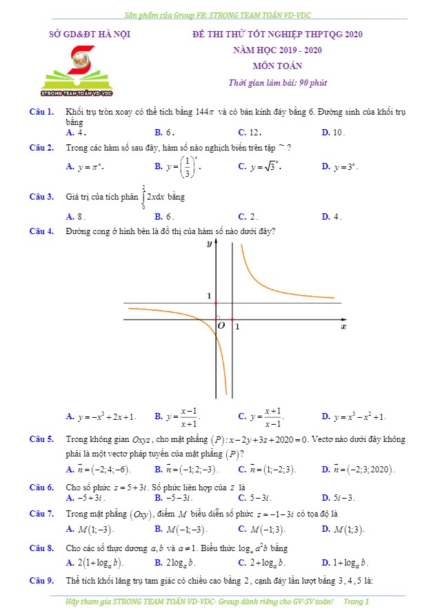 đề thi thử tốt nghiệp thpt 2020 môn toán lần 1 sở gd&đt hà nội