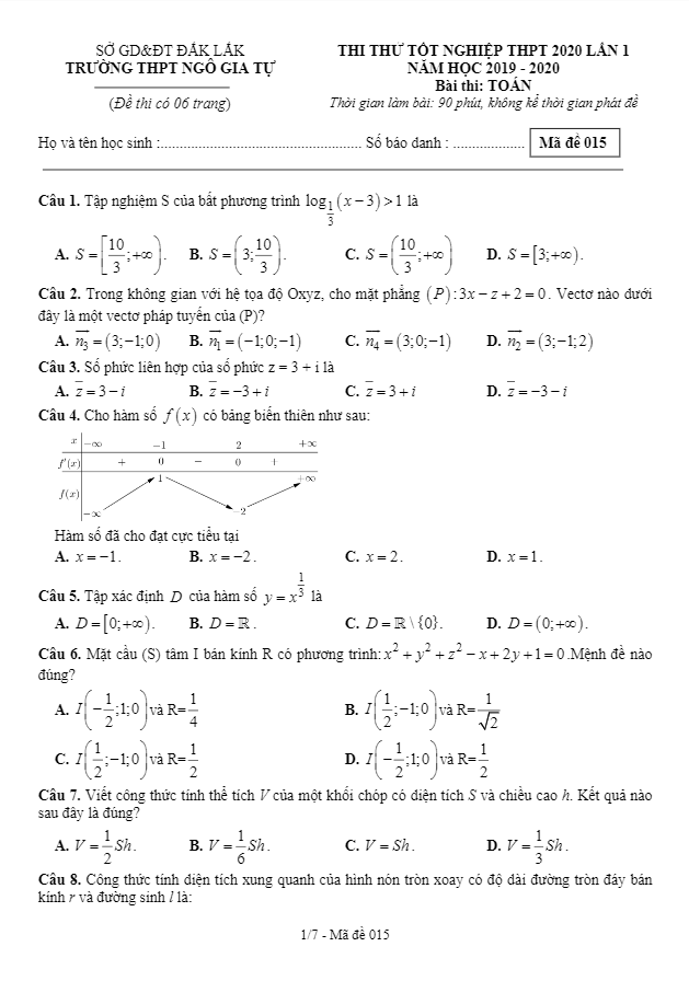 đề thi thử tốt nghiệp thpt 2020 môn toán lần 1 trường ngô gia tự – đắk lắk