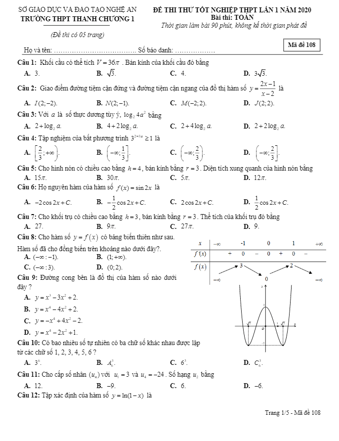 đề thi thử tốt nghiệp thpt 2020 môn toán lần 1 trường thanh chương 1 – nghệ an