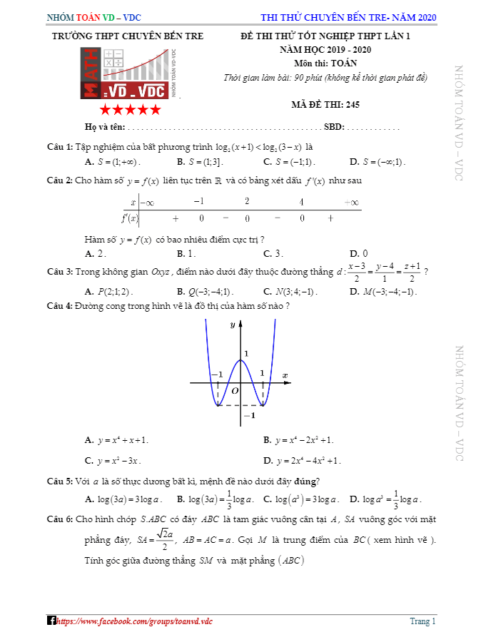 đề thi thử tốt nghiệp thpt 2020 môn toán lần 1 trường thpt chuyên bến tre