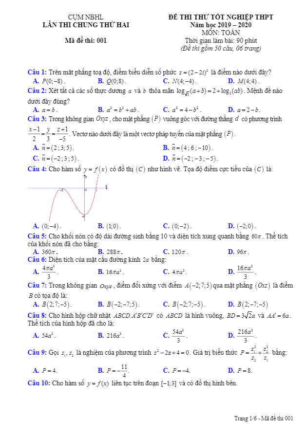 đề thi thử tốt nghiệp thpt 2020 môn toán lần 2 cụm nbhl – ninh bình