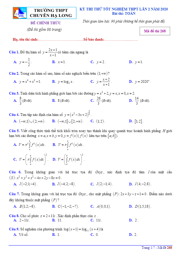 đề thi thử tốt nghiệp thpt 2020 môn toán lần 2 trường thpt chuyên hạ long – quảng ninh