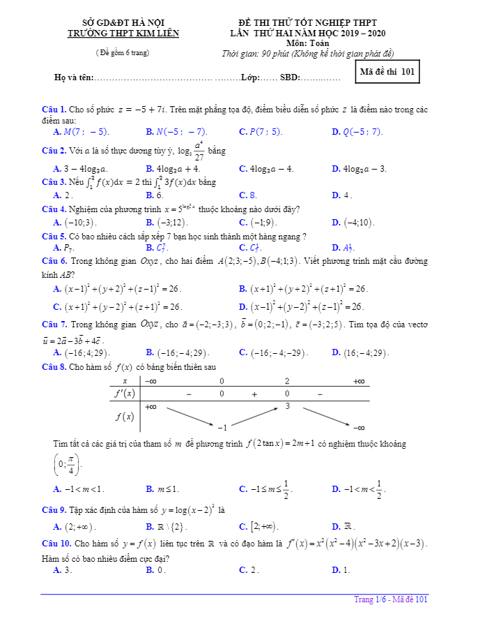 đề thi thử tốt nghiệp thpt 2020 môn toán lần 2 trường thpt kim liên – hà nội
