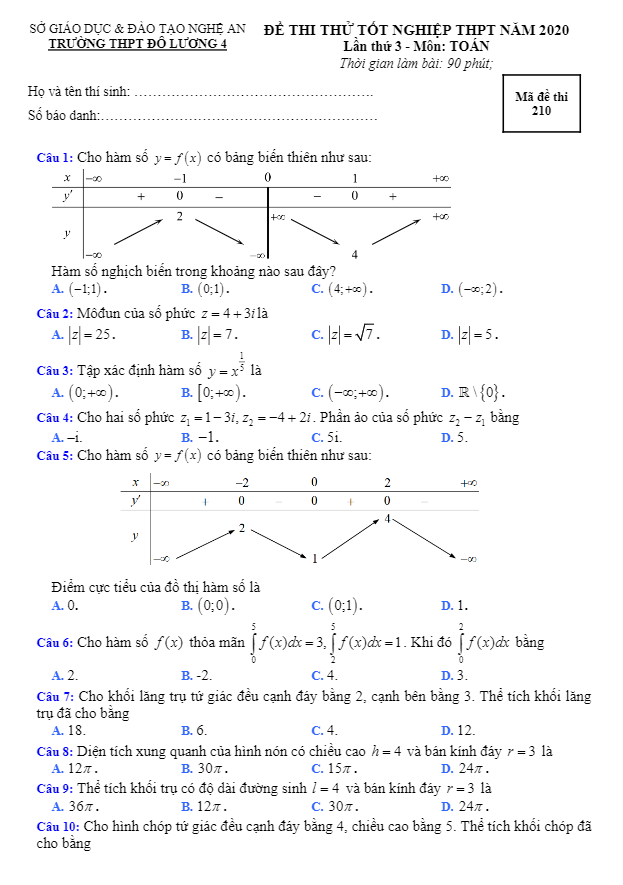 đề thi thử tốt nghiệp thpt 2020 môn toán lần 3 trường đô lương 4 – nghệ an