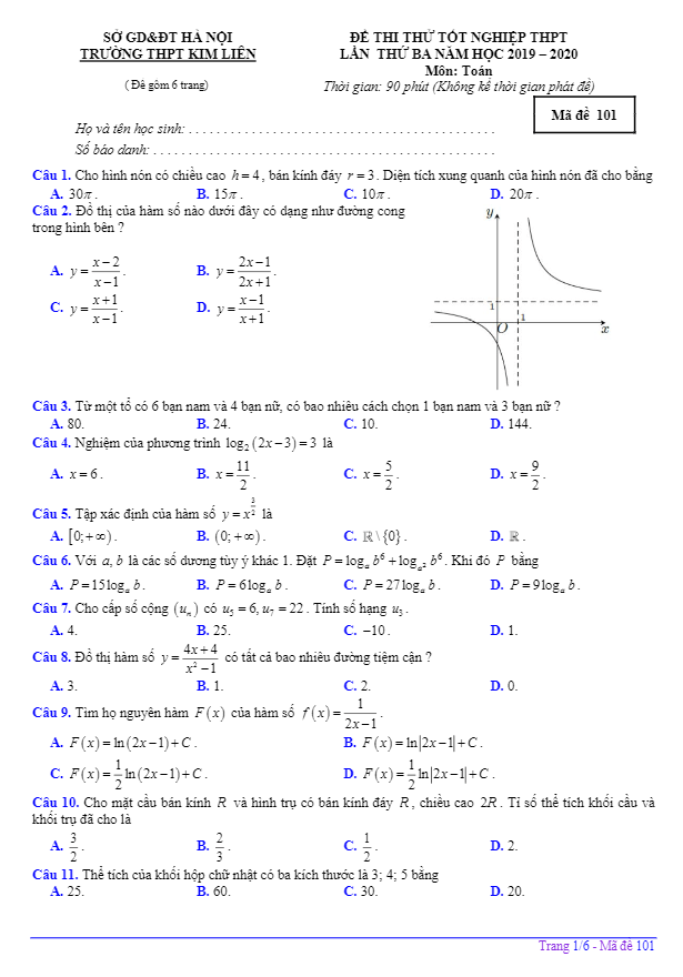 đề thi thử tốt nghiệp thpt 2020 môn toán lần 3 trường thpt kim liên – hà nội