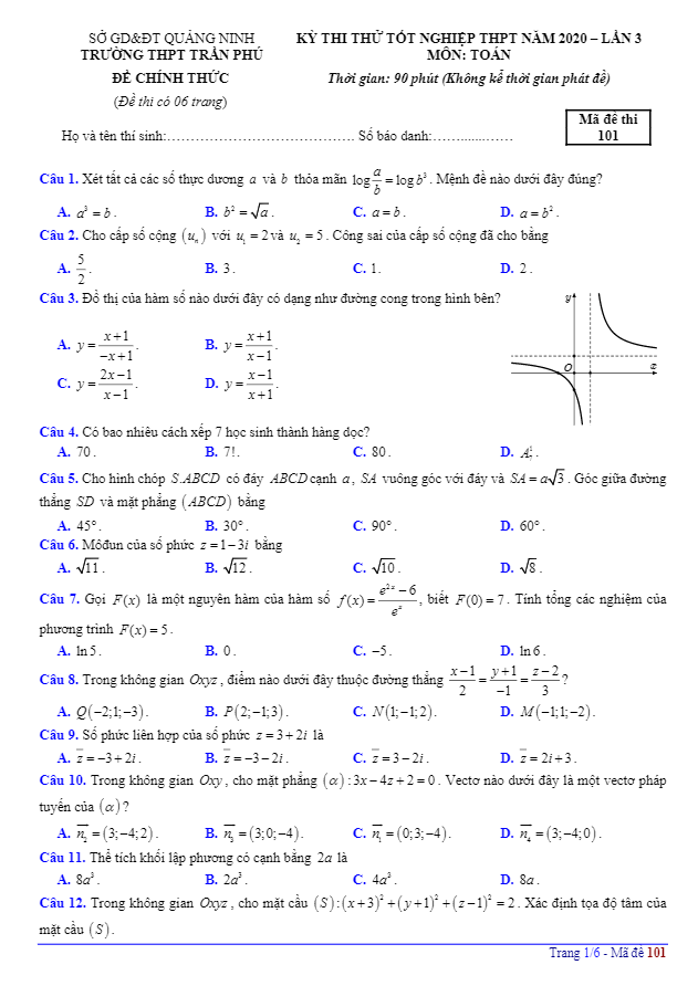 đề thi thử tốt nghiệp thpt 2020 môn toán lần 3 trường thpt trần phú – quảng ninh
