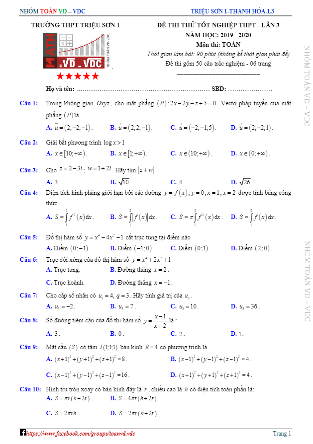 đề thi thử tốt nghiệp thpt 2020 môn toán lần 3 trường thpt triệu sơn 1 – thanh hóa