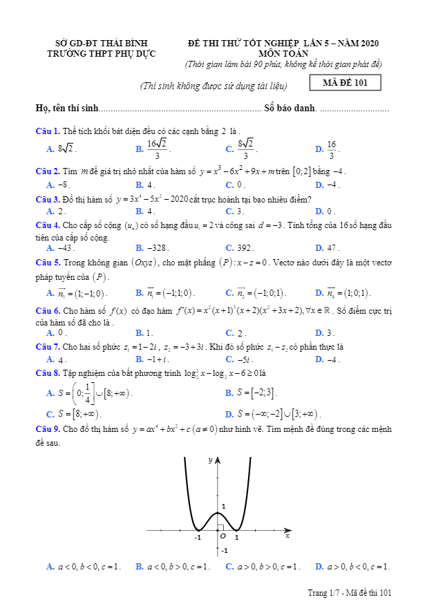 đề thi thử tốt nghiệp thpt 2020 môn toán lần 5 trường thpt phụ dực – thái bình
