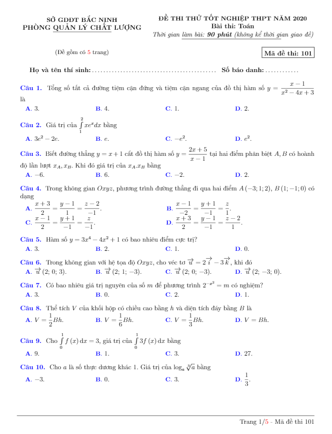 đề thi thử tốt nghiệp thpt 2020 môn toán sở gd&đt bắc ninh