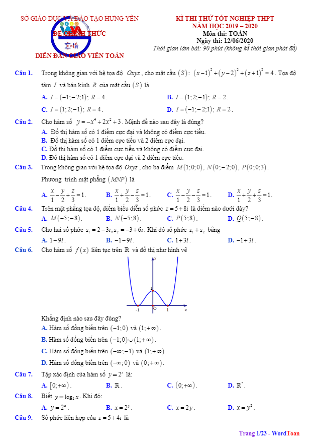 đề thi thử tốt nghiệp thpt 2020 môn toán sở gd&đt hưng yên