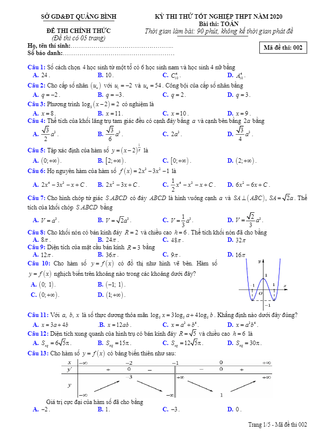 đề thi thử tốt nghiệp thpt 2020 môn toán sở gd&đt quảng bình
