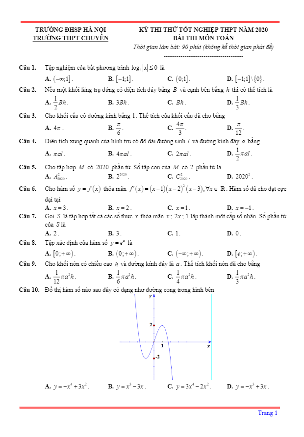 đề thi thử tốt nghiệp thpt 2020 môn toán trường thpt chuyên đhsp hà nội