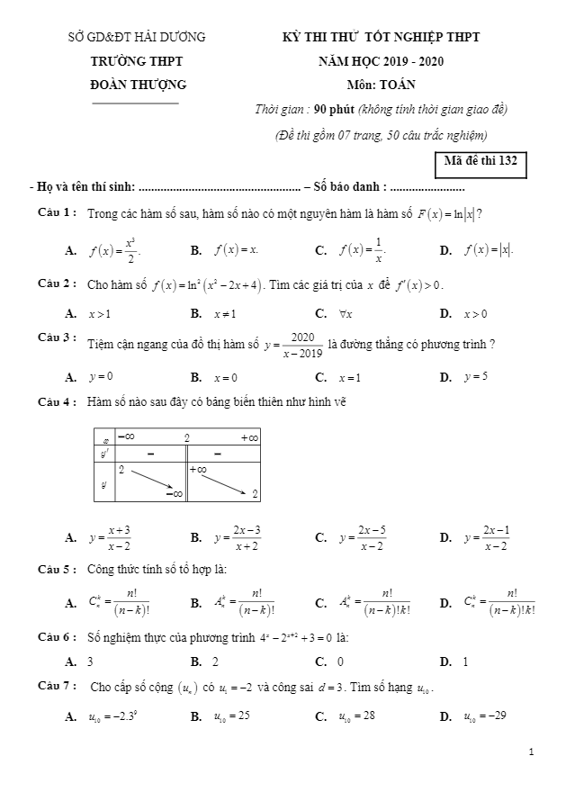 đề thi thử tốt nghiệp thpt 2020 môn toán trường thpt đoàn thượng – hải dương