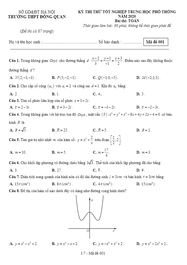 đề thi thử tốt nghiệp thpt 2020 môn toán trường thpt đồng quan – hà nội
