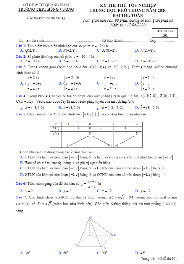 đề thi thử tốt nghiệp thpt 2020 môn toán trường thpt hùng vương – quảng nam