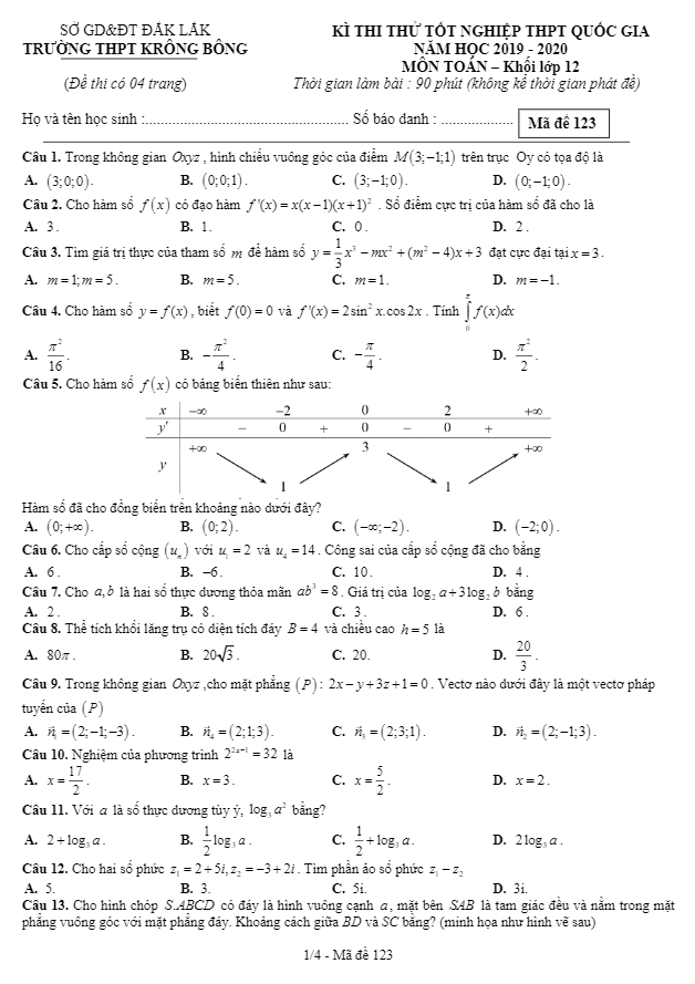 đề thi thử tốt nghiệp thpt 2020 môn toán trường thpt krông bông – đắk lắk