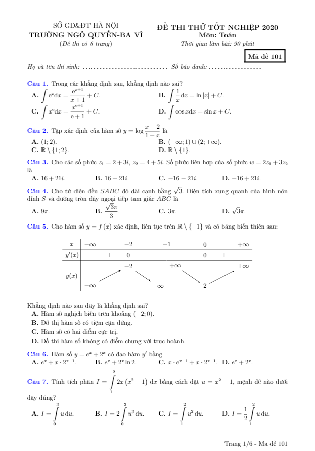 đề thi thử tốt nghiệp thpt 2020 môn toán trường thpt ngô quyền – hà nội