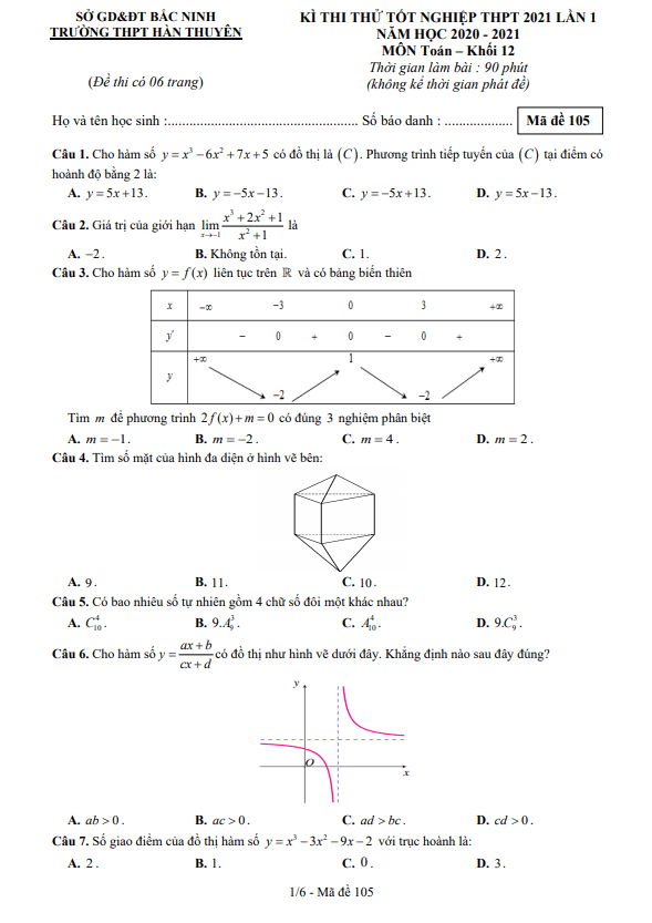 đề thi thử tốt nghiệp thpt 2021 lần 1 môn toán trường thpt hàn thuyên – bắc ninh