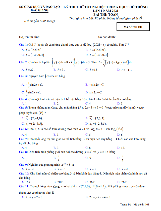 đề thi thử tốt nghiệp thpt 2021 môn toán lần 1 sở gd&đt bắc giang