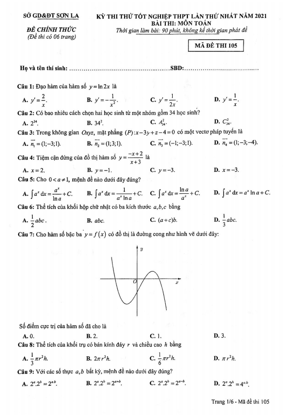 đề thi thử tốt nghiệp thpt 2021 môn toán lần 1 sở gd&đt sơn la