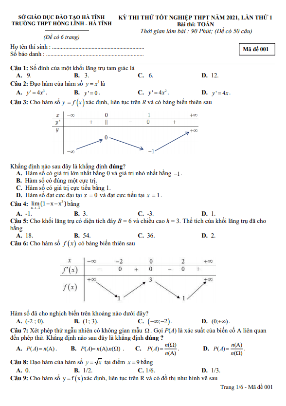 đề thi thử tốt nghiệp thpt 2021 môn toán lần 1 trường thpt hồng lĩnh – hà tĩnh