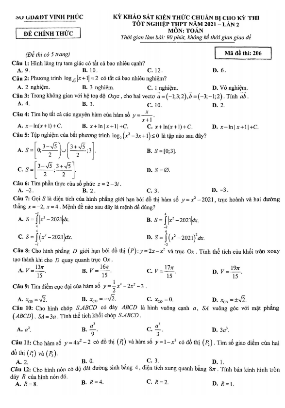 đề thi thử tốt nghiệp thpt 2021 môn toán lần 2 sở gd&đt vĩnh phúc