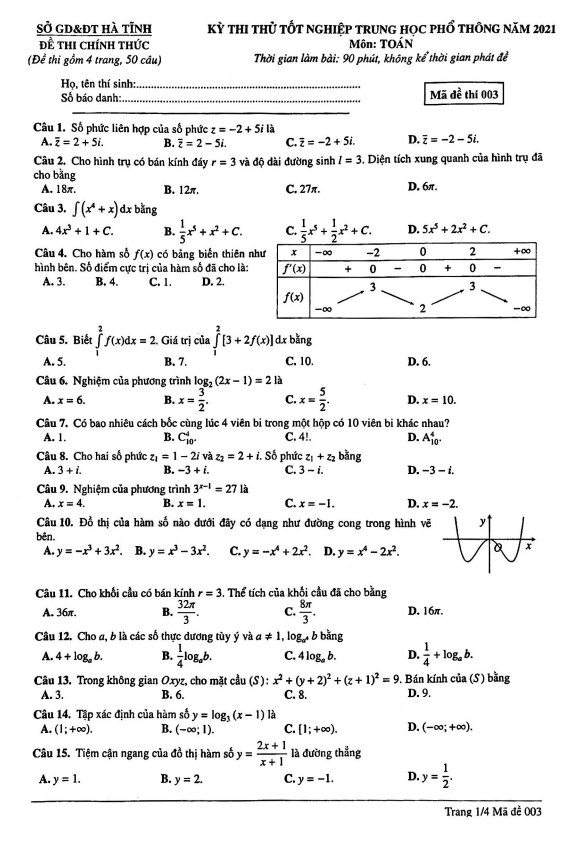 đề thi thử tốt nghiệp thpt 2021 môn toán sở gd&đt hà tĩnh