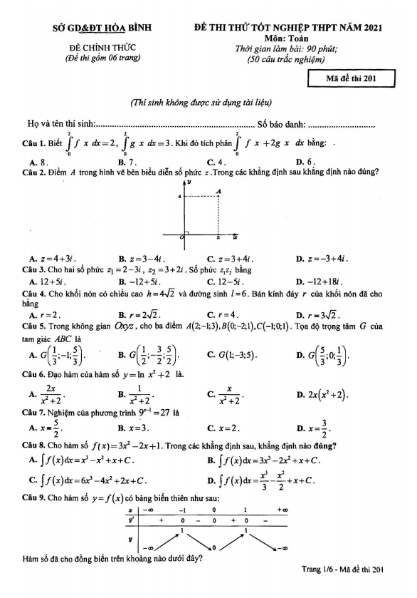 đề thi thử tốt nghiệp thpt 2021 môn toán sở gd&đt hòa bình