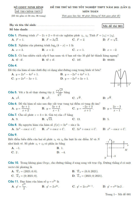đề thi thử tốt nghiệp thpt 2021 môn toán sở gd&đt ninh bình (lần 2)