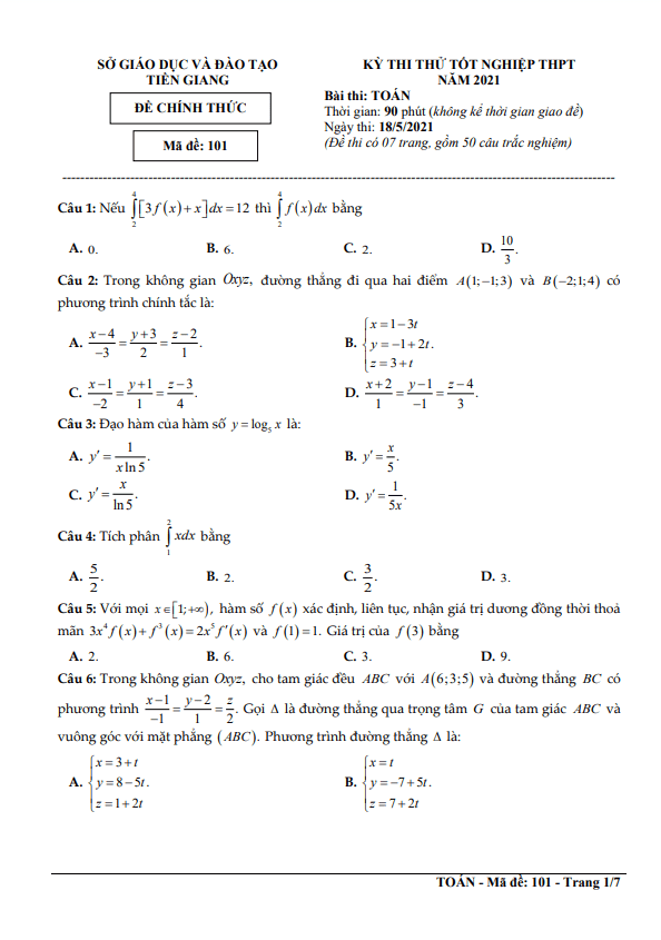 đề thi thử tốt nghiệp thpt 2021 môn toán sở gd&đt tiền giang