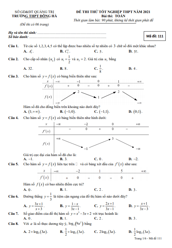 đề thi thử tốt nghiệp thpt 2021 môn toán trường thpt đông hà – quảng trị