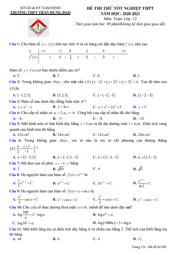 đề thi thử tốt nghiệp thpt 2021 môn toán trường thpt trần hưng đạo – nam định
